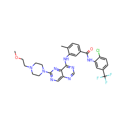 COCCN1CCN(c2ncc3ncnc(Nc4cc(C(=O)Nc5cc(C(F)(F)F)ccc5Cl)ccc4C)c3n2)CC1 ZINC000148345270