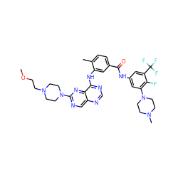 COCCN1CCN(c2ncc3ncnc(Nc4cc(C(=O)Nc5cc(N6CCN(C)CC6)c(F)c(C(F)(F)F)c5)ccc4C)c3n2)CC1 ZINC000165279238