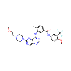 COCCN1CCN(c2ncc3ncnc(Nc4cc(C(=O)Nc5ccc(OC)c(C(F)(F)F)c5)ccc4C)c3n2)CC1 ZINC000148292307