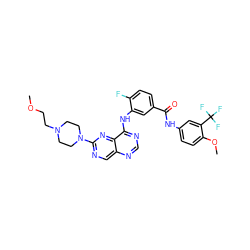 COCCN1CCN(c2ncc3ncnc(Nc4cc(C(=O)Nc5ccc(OC)c(C(F)(F)F)c5)ccc4F)c3n2)CC1 ZINC000148279137