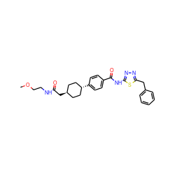 COCCNC(=O)C[C@H]1CC[C@H](c2ccc(C(=O)Nc3nnc(Cc4ccccc4)s3)cc2)CC1 ZINC000653796438