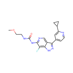 COCCNC(=O)Nc1ncc2c(-c3ccnc(C4CC4)c3)n[nH]c2c1F ZINC000261093094