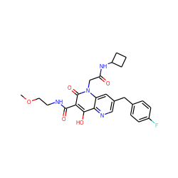 COCCNC(=O)c1c(O)c2ncc(Cc3ccc(F)cc3)cc2n(CC(=O)NC2CCC2)c1=O ZINC000148609875