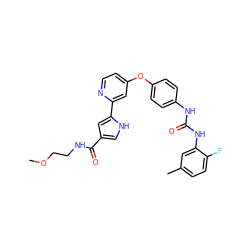 COCCNC(=O)c1c[nH]c(-c2cc(Oc3ccc(NC(=O)Nc4cc(C)ccc4F)cc3)ccn2)c1 ZINC000168961622