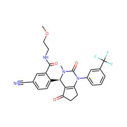 COCCNC(=O)c1cc(C#N)ccc1[C@@H]1C2=C(CCC2=O)N(c2cccc(C(F)(F)F)c2)C(=O)N1C ZINC001772583207