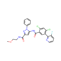 COCCNC(=O)c1cc(NC(=O)c2cc(-c3ncccc3F)c(Cl)cc2Cl)n(-c2ccccc2)n1 ZINC001772603870