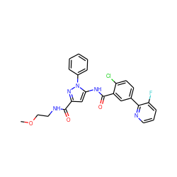 COCCNC(=O)c1cc(NC(=O)c2cc(-c3ncccc3F)ccc2Cl)n(-c2ccccc2)n1 ZINC001772621127