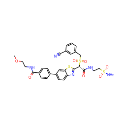 COCCNC(=O)c1ccc(-c2ccc3nc([C@@H](C(=O)NCCS(N)(=O)=O)S(=O)(=O)Cc4cccc(C#N)c4)sc3c2)cc1 ZINC000222117285