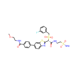 COCCNC(=O)c1ccc(-c2ccc3nc([C@@H](C(=O)NCCS(N)(=O)=O)S(=O)(=O)Cc4cccc(F)c4)sc3c2)cc1 ZINC000221993624