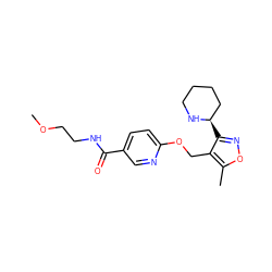 COCCNC(=O)c1ccc(OCc2c([C@@H]3CCCCN3)noc2C)nc1 ZINC000169685418