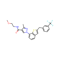 COCCNC(=O)c1cn(-c2cccc3cc(Cc4cccc(C(F)(F)F)c4)sc23)nc1C ZINC000072314940