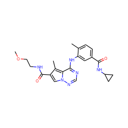 COCCNC(=O)c1cn2ncnc(Nc3cc(C(=O)NC4CC4)ccc3C)c2c1C ZINC000064491807