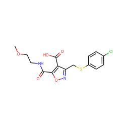 COCCNC(=O)c1onc(CSc2ccc(Cl)cc2)c1C(=O)O ZINC000008829363