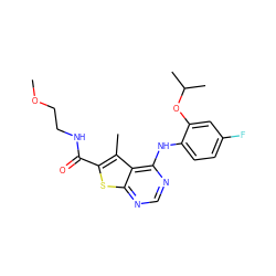 COCCNC(=O)c1sc2ncnc(Nc3ccc(F)cc3OC(C)C)c2c1C ZINC000473154358