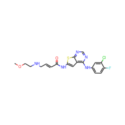 COCCNC/C=C/C(=O)Nc1cc2c(Nc3ccc(F)c(Cl)c3)ncnc2s1 ZINC000169311820