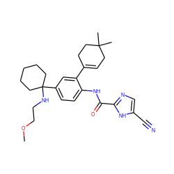 COCCNC1(c2ccc(NC(=O)c3ncc(C#N)[nH]3)c(C3=CCC(C)(C)CC3)c2)CCCCC1 ZINC000141211776