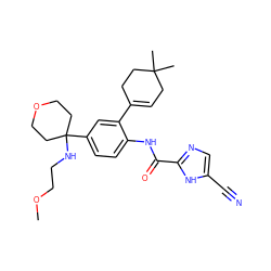 COCCNC1(c2ccc(NC(=O)c3ncc(C#N)[nH]3)c(C3=CCC(C)(C)CC3)c2)CCOCC1 ZINC000201265483