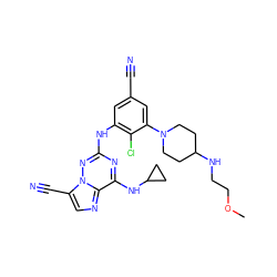 COCCNC1CCN(c2cc(C#N)cc(Nc3nc(NC4CC4)c4ncc(C#N)n4n3)c2Cl)CC1 ZINC000169711910