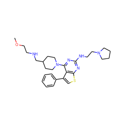 COCCNCC1CCN(c2nc(NCCN3CCCC3)nc3scc(-c4ccccc4)c23)CC1 ZINC000146668242