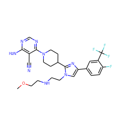 COCCNCCn1cc(-c2ccc(F)c(C(F)(F)F)c2)nc1C1CCN(c2ncnc(N)c2C#N)CC1 ZINC000206947266