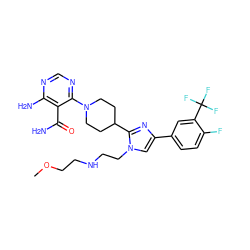 COCCNCCn1cc(-c2ccc(F)c(C(F)(F)F)c2)nc1C1CCN(c2ncnc(N)c2C(N)=O)CC1 ZINC000219092683