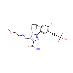 COCCNCc1c(C(N)=O)nc2n1C1CC(C1)c1cc(F)c(C#CC(C)(C)O)cc1-2 ZINC000219493910