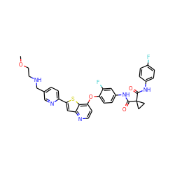 COCCNCc1ccc(-c2cc3nccc(Oc4ccc(NC(=O)C5(C(=O)Nc6ccc(F)cc6)CC5)cc4F)c3s2)nc1 ZINC000164334830