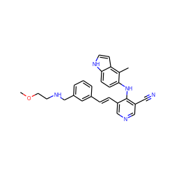 COCCNCc1cccc(/C=C/c2cncc(C#N)c2Nc2ccc3[nH]ccc3c2C)c1 ZINC000049124729