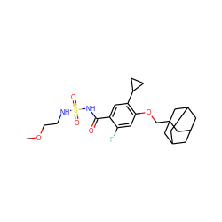 COCCNS(=O)(=O)NC(=O)c1cc(C2CC2)c(OCC23CC4CC(CC(C4)C2)C3)cc1F ZINC000261150060