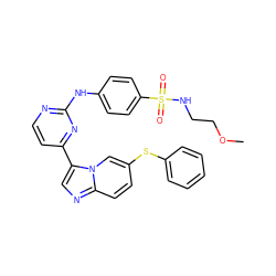 COCCNS(=O)(=O)c1ccc(Nc2nccc(-c3cnc4ccc(Sc5ccccc5)cn34)n2)cc1 ZINC000014945895