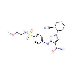 COCCNS(=O)(=O)c1ccc(Nc2nn([C@H]3CCCC[C@@H]3C#N)cc2C(N)=O)cc1 ZINC000204956855