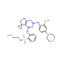 COCCNS(=O)(=O)c1ccccc1Nc1nc(Nc2ccc(N3CCOCC3)cc2OC)nc2c1C1(CC1)CN2 ZINC000221675113