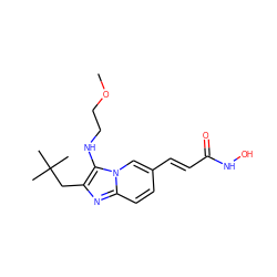 COCCNc1c(CC(C)(C)C)nc2ccc(/C=C/C(=O)NO)cn12 ZINC000136783762