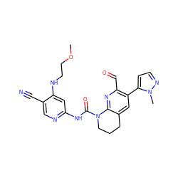 COCCNc1cc(NC(=O)N2CCCc3cc(-c4ccnn4C)c(C=O)nc32)ncc1C#N ZINC001772629324