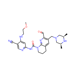 COCCNc1cc(NC(=O)N2CCCc3cc(CN4C[C@H](C)N[C@H](C)C4)c(C=O)nc32)ncc1C#N ZINC001772571429