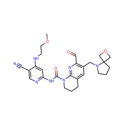 COCCNc1cc(NC(=O)N2CCCc3cc(CN4CCCC45COC5)c(C=O)nc32)ncc1C#N ZINC001772584996