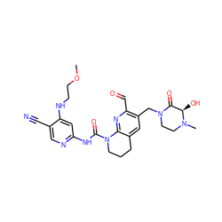 COCCNc1cc(NC(=O)N2CCCc3cc(CN4CCN(C)[C@H](O)C4=O)c(C=O)nc32)ncc1C#N ZINC001772635265