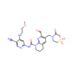 COCCNc1cc(NC(=O)N2CCCc3cc(CN4CCS(=O)(=O)CC4=O)c(C=O)nc32)ncc1C#N ZINC001772639826