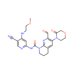 COCCNc1cc(NC(=O)N2CCCc3cc(N4CCOCC4=O)c(C=O)nc32)ncc1C#N ZINC001772580293