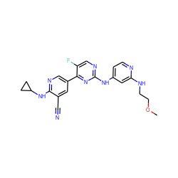 COCCNc1cc(Nc2ncc(F)c(-c3cnc(NC4CC4)c(C#N)c3)n2)ccn1 ZINC000221216624