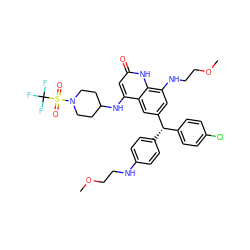 COCCNc1ccc([C@@H](c2ccc(Cl)cc2)c2cc(NCCOC)c3[nH]c(=O)cc(NC4CCN(S(=O)(=O)C(F)(F)F)CC4)c3c2)cc1 ZINC001772649931