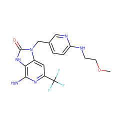 COCCNc1ccc(Cn2c(=O)[nH]c3c(N)nc(C(F)(F)F)cc32)cn1 ZINC000072124708