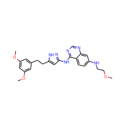 COCCNc1ccc2c(Nc3cc(CCc4cc(OC)cc(OC)c4)[nH]n3)ncnc2c1 ZINC000653850970