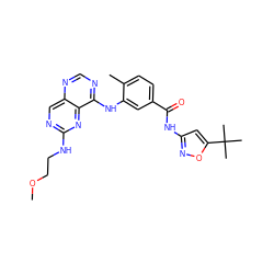 COCCNc1ncc2ncnc(Nc3cc(C(=O)Nc4cc(C(C)(C)C)on4)ccc3C)c2n1 ZINC000148259990