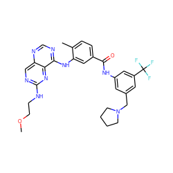 COCCNc1ncc2ncnc(Nc3cc(C(=O)Nc4cc(CN5CCCC5)cc(C(F)(F)F)c4)ccc3C)c2n1 ZINC000148136437