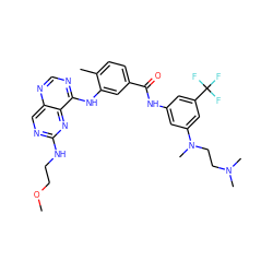 COCCNc1ncc2ncnc(Nc3cc(C(=O)Nc4cc(N(C)CCN(C)C)cc(C(F)(F)F)c4)ccc3C)c2n1 ZINC000148169533
