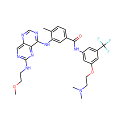 COCCNc1ncc2ncnc(Nc3cc(C(=O)Nc4cc(OCCN(C)C)cc(C(F)(F)F)c4)ccc3C)c2n1 ZINC000148164832