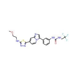 COCCNc1nnc(-c2ccn3c(-c4cccc(NC(=O)NCC(F)(F)F)c4)cnc3c2)s1 ZINC000169704730