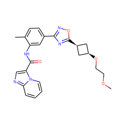 COCCO[C@H]1C[C@@H](c2nc(-c3ccc(C)c(NC(=O)c4cnc5ccccn45)c3)no2)C1 ZINC001772592564