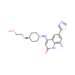 COCCO[C@H]1CC[C@H](Nc2cc(=O)[nH]c3c(C)cc(-c4cncs4)cc23)CC1 ZINC000299852316